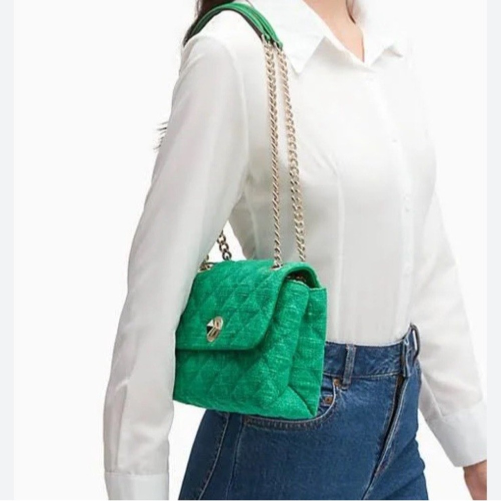 Kate Spade Natalia Solid‎ Quilted Tweed Crossbody Kelly Green Gold Chain New
